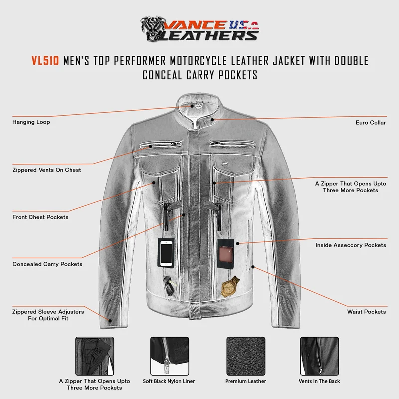 Mens Top Performer Motorcycle Leather Jacket with Double CCW Pockets