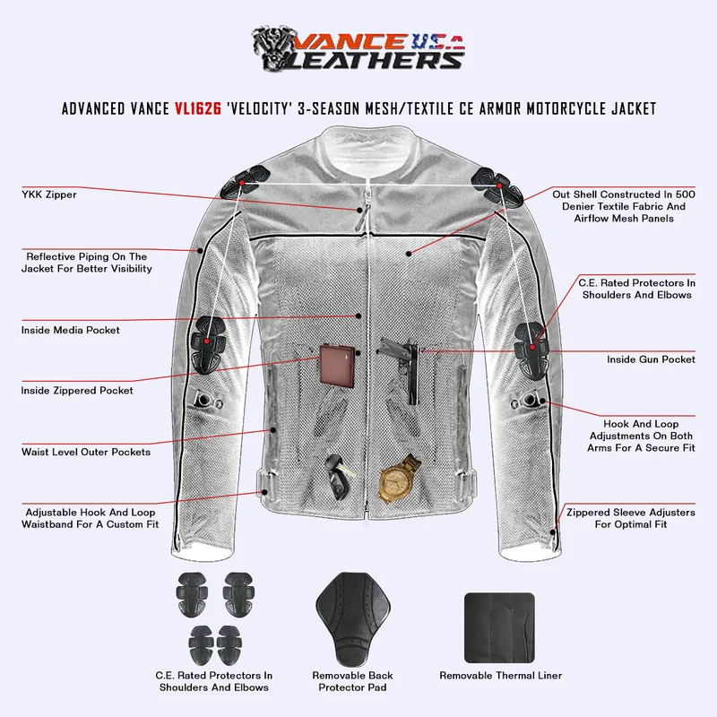 Vance Velocity 3-Season Mesh Motorcycle Jacket with CE Armor & Removeable Liner