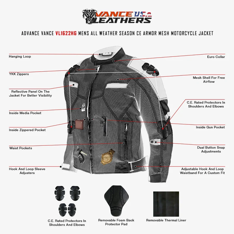 Vance Mens All Weather Hi-Viz CE Armor Mesh Motorcycle Jacket
