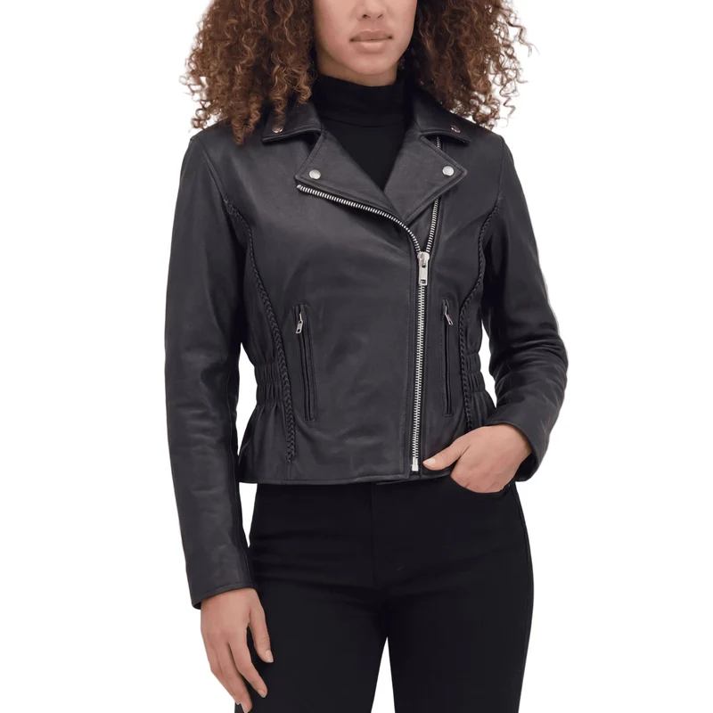 Vance Leather Women's Black Soft Cowhide Braided and Studded Biker Motorcycle Riding Jacket