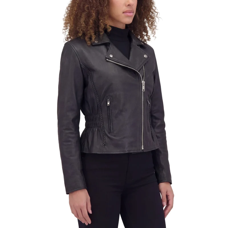 Vance Leather Women's Black Soft Cowhide Braided and Studded Biker Motorcycle Riding Jacket