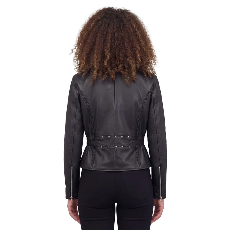 Vance Leather Women's Black Soft Cowhide Braided and Studded Biker Motorcycle Riding Jacket