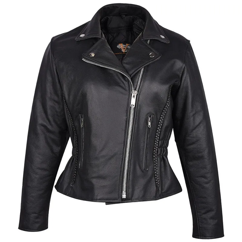 Vance Leather Women's Black Soft Cowhide Braided and Studded Biker Motorcycle Riding Jacket