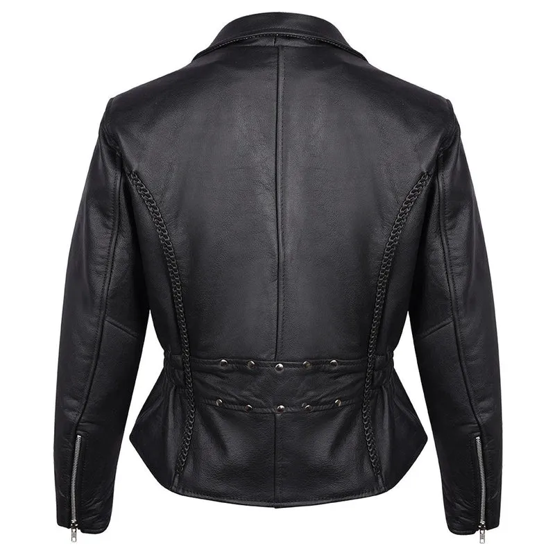Vance Leather Women's Black Soft Cowhide Braided and Studded Biker Motorcycle Riding Jacket