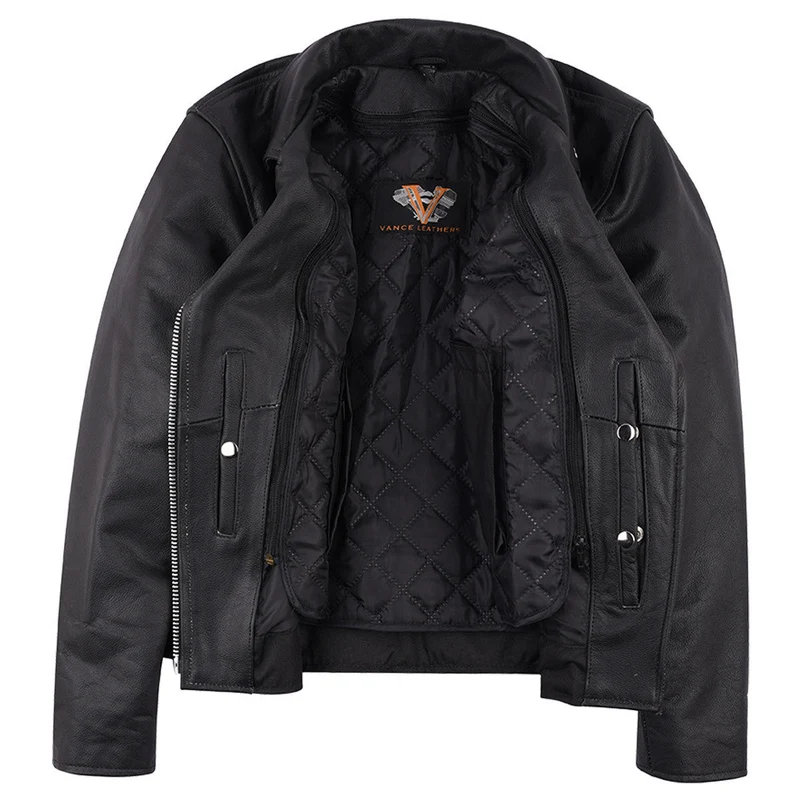 Vance Leather Women's Black Soft Cowhide Braided and Studded Biker Motorcycle Riding Jacket