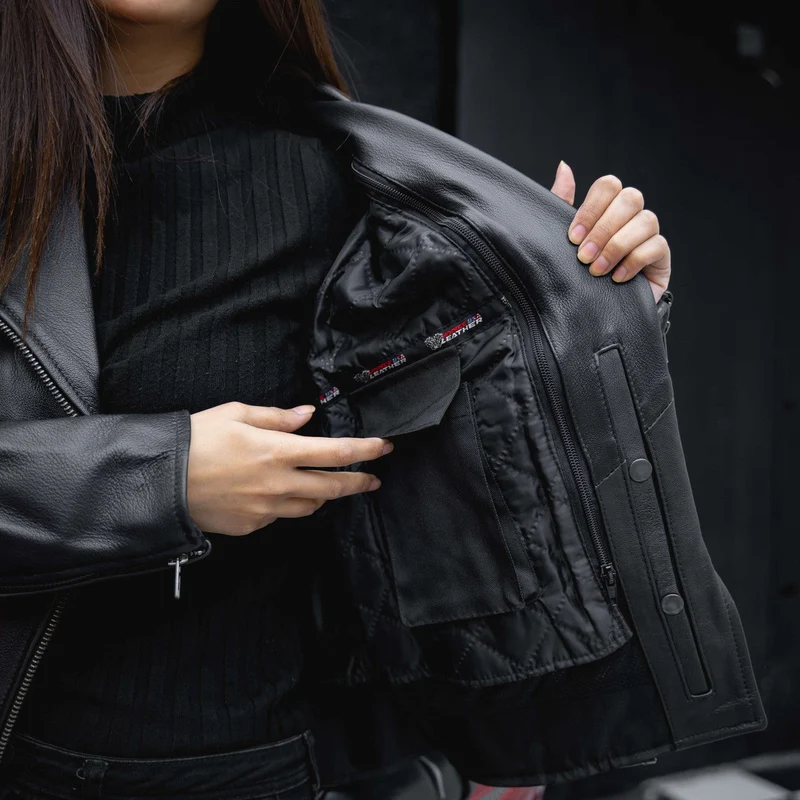 Vance Leather Women's Black Soft Cowhide Braided and Studded Biker Motorcycle Riding Jacket