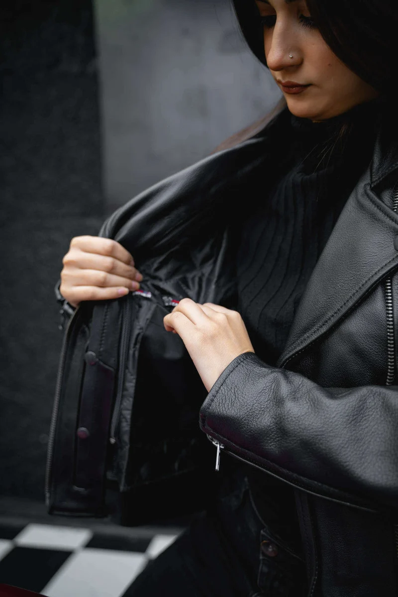 Vance Leather Women's Black Soft Cowhide Braided and Studded Biker Motorcycle Riding Jacket