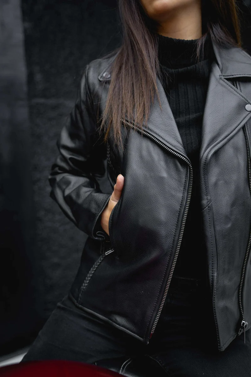 Vance Leather Women's Black Soft Cowhide Braided and Studded Biker Motorcycle Riding Jacket