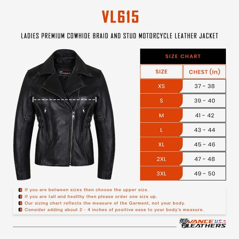 Vance Leather Women's Black Soft Cowhide Braided and Studded Biker Motorcycle Riding Jacket