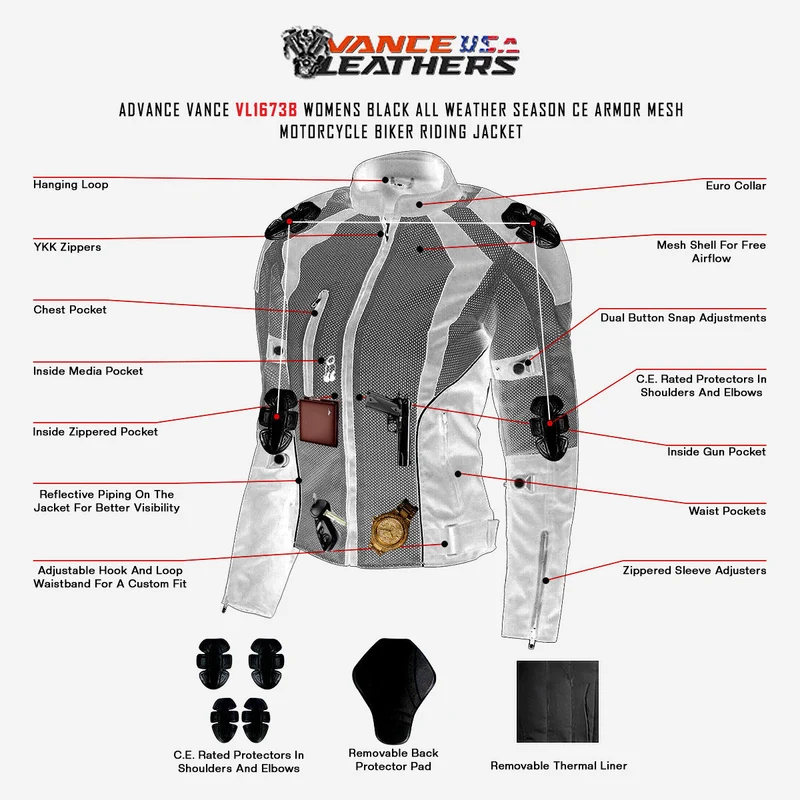 Advance Vance Women's Black All Weather Season CE Armor Mesh Motorcycle Biker Riding Jacket