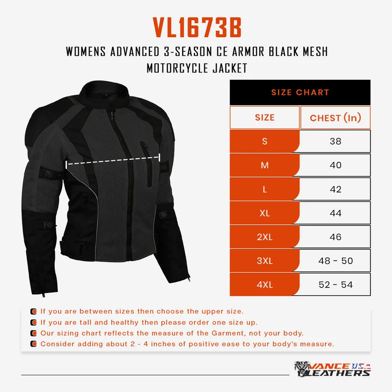 Advance Vance Women's Black All Weather Season CE Armor Mesh Motorcycle Biker Riding Jacket