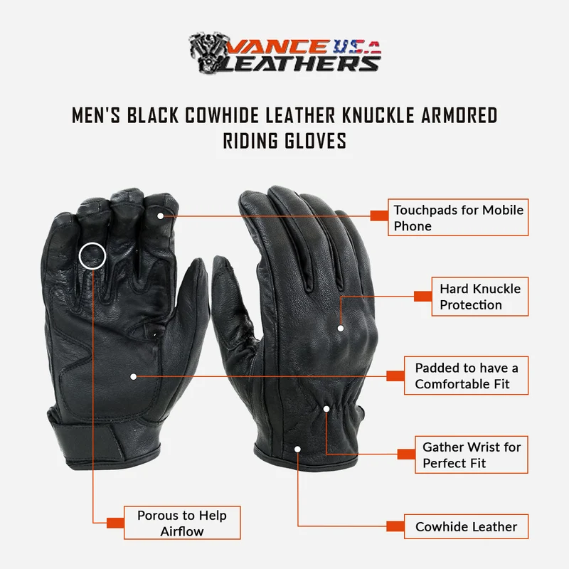 Vance Men's Black Cowhide Leather Knuckle Armored Riding Gloves