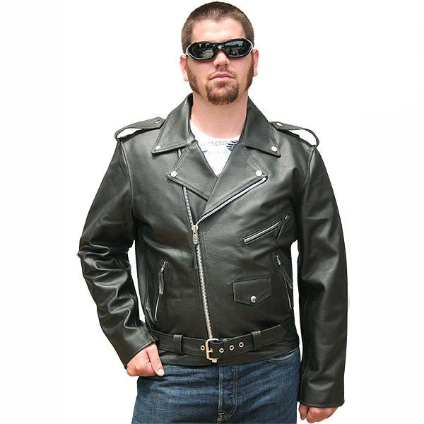Jafrum Basic Biker Black Leather Motorcycle Jacket Plain Sides w/ Removeable Liner & Conceal Carry Pocket