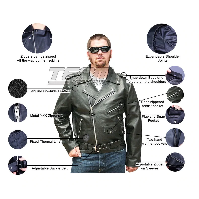 Jafrum Basic Biker Black Leather Motorcycle Jacket Plain Sides w/ Removeable Liner & Conceal Carry Pocket