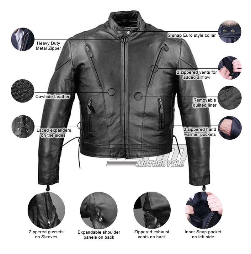 Jafrum MJ470 Tall Size Black Cowhide Biker Leather Motorcycle Scooter Jacket