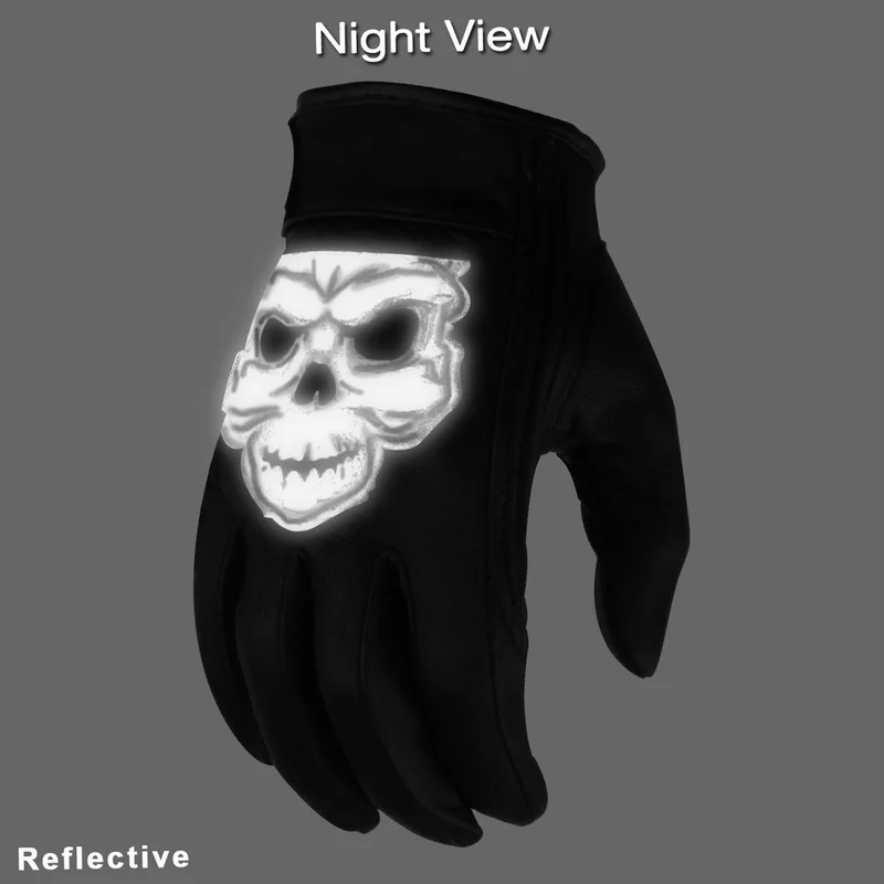 Mens GL703 Black Premium Gel Palm Reflective Skull Motorcycle Leather Gloves