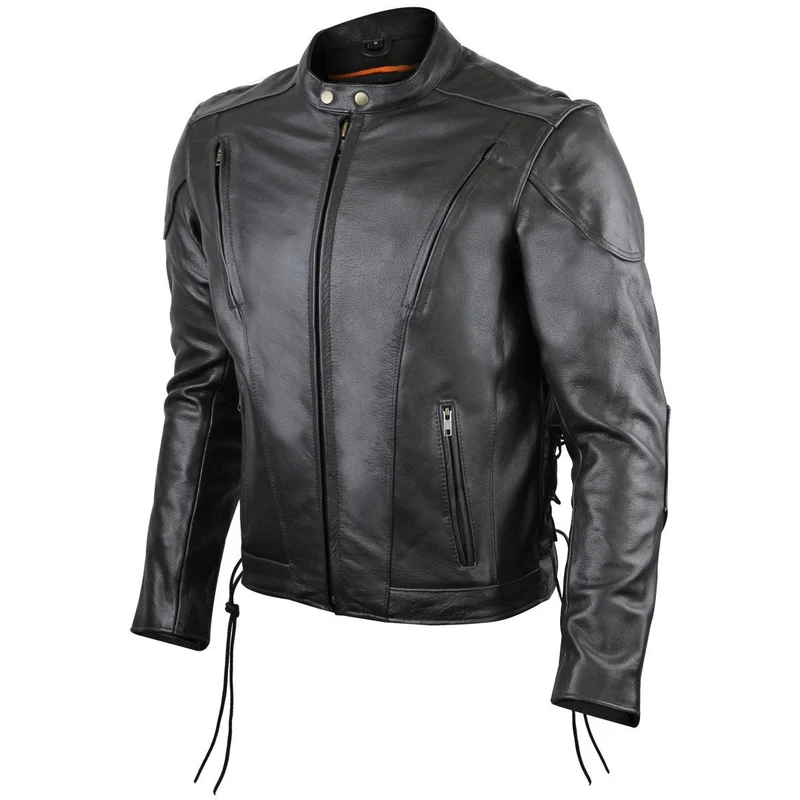 Vance Mens Black Premium Cowhide Vented Scooter Racer Motorcycle Leather Riding Jacket