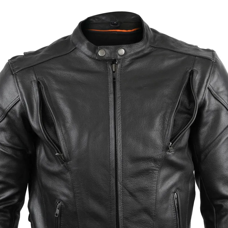Vance Mens Black Premium Cowhide Vented Scooter Racer Motorcycle Leather Riding Jacket