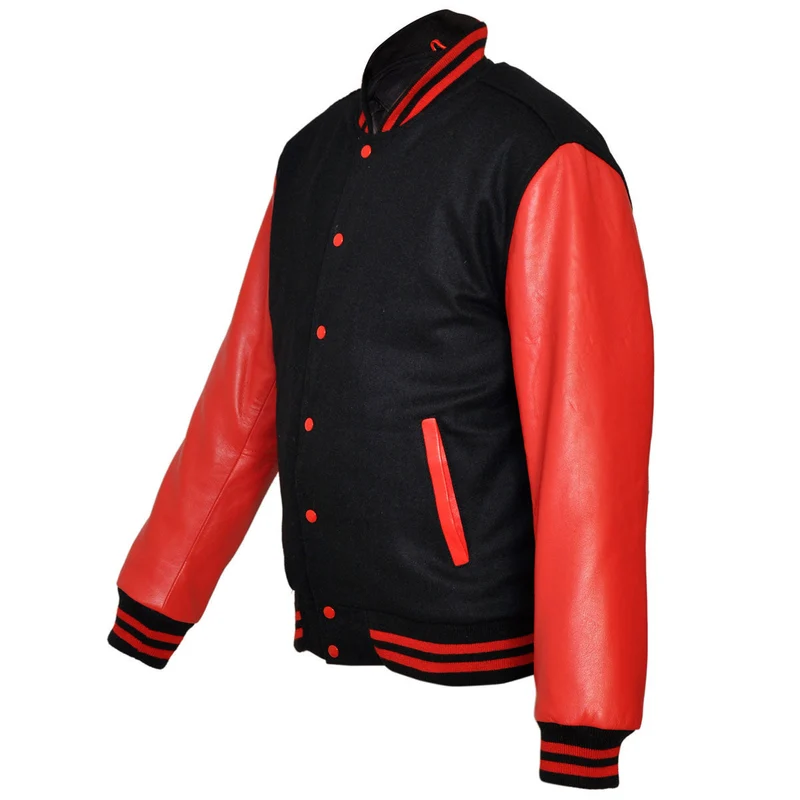 Mens MJ590B Black Wool with Real Leather Premium Varsity Letterman Jacket