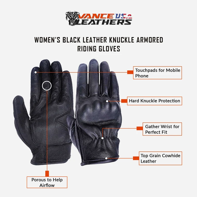 Vance VL474 Women's Black Leather Knuckle Armored Riding Gloves