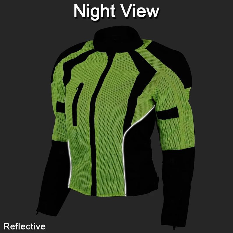 Vance Womens High Visibility Mesh Motorcycle Riding Jacket With CE Armor & Removeable Thermal Liner
