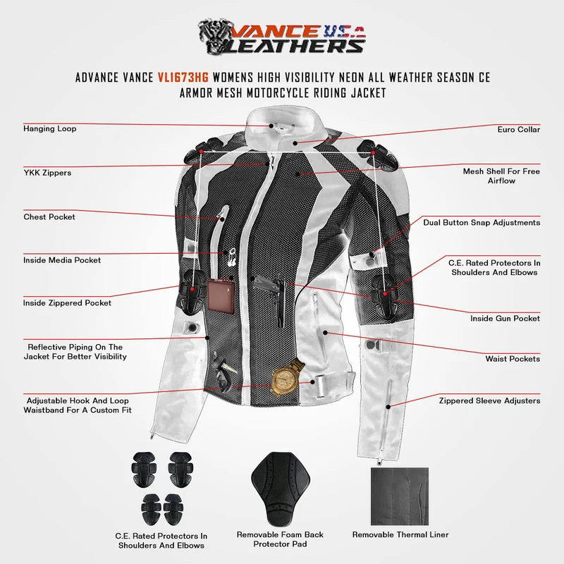 Vance Womens High Visibility Mesh Motorcycle Riding Jacket With CE Armor & Removeable Thermal Liner