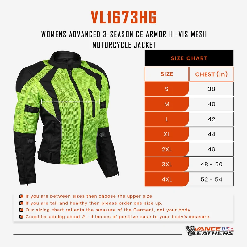 Vance Womens High Visibility Mesh Motorcycle Riding Jacket With CE Armor & Removeable Thermal Liner