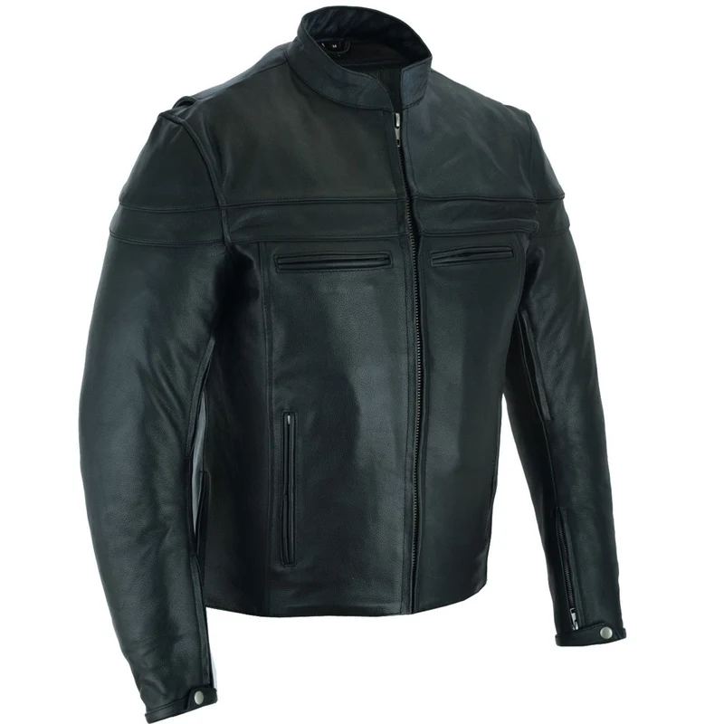 Mens Premium Cowhide Cafe Racer Leather Motorcycle Jacket with Zipper Vents