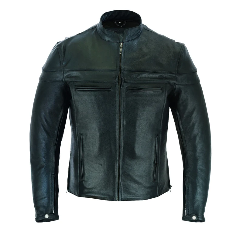 Mens Premium Cowhide Cafe Racer Leather Motorcycle Jacket with Zipper Vents