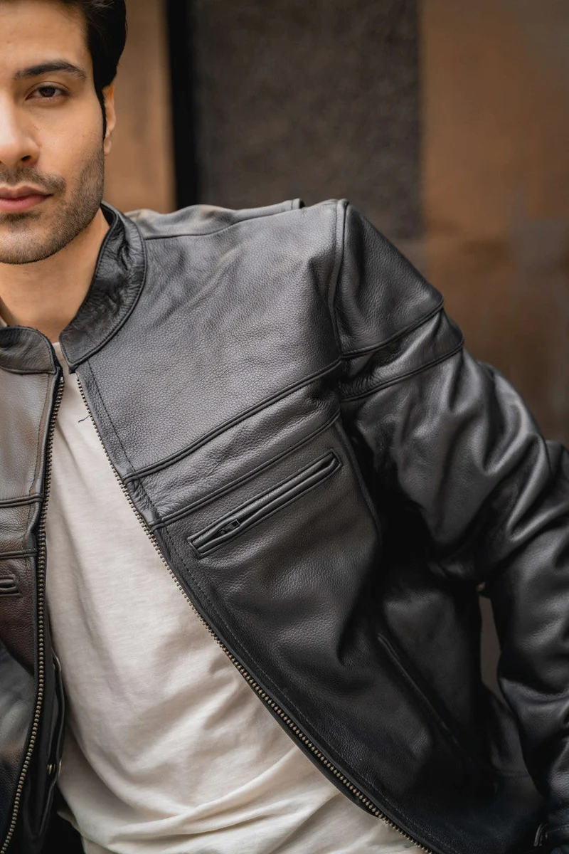 Mens Premium Cowhide Cafe Racer Leather Motorcycle Jacket with Zipper Vents