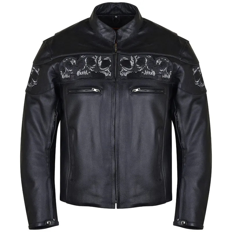 Vance Mens Black Reflective Skulls Premium Cowhide Leather Biker Motorcycle Riding Jacket