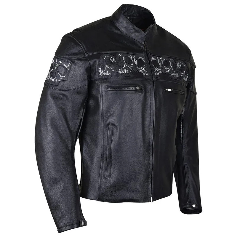 Vance Mens Black Reflective Skulls Premium Cowhide Leather Biker Motorcycle Riding Jacket