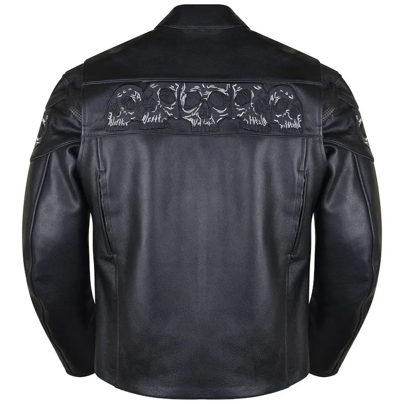 Vance Mens Black Reflective Skulls Premium Cowhide Leather Biker Motorcycle Riding Jacket