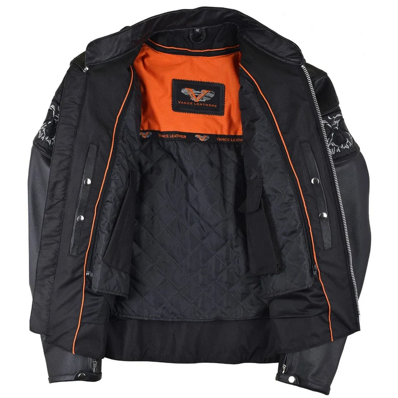 Vance Mens Black Reflective Skulls Premium Cowhide Leather Biker Motorcycle Riding Jacket