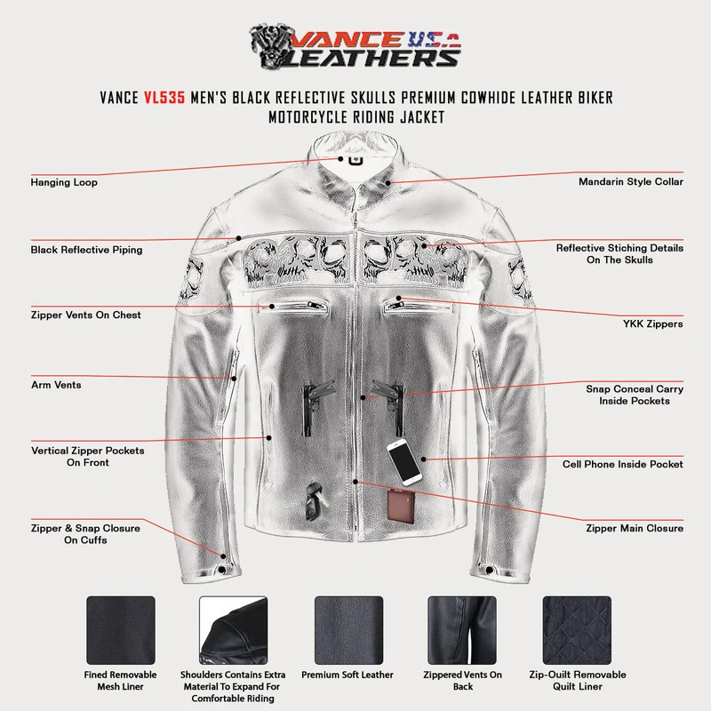 Vance Mens Black Reflective Skulls Premium Cowhide Leather Biker Motorcycle Riding Jacket