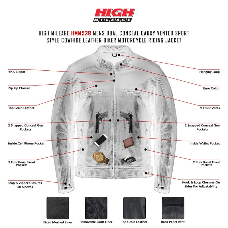 High Mileage Mens Dual CCW Vented Sport Style Cowhide Leather Biker Motorcycle Riding Jacket