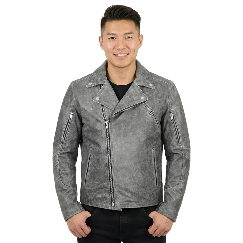 High Mileage Mens Beltless Dual CCW Distressed Gray Premium Cowhide Leather Biker Motorcycle Jacket