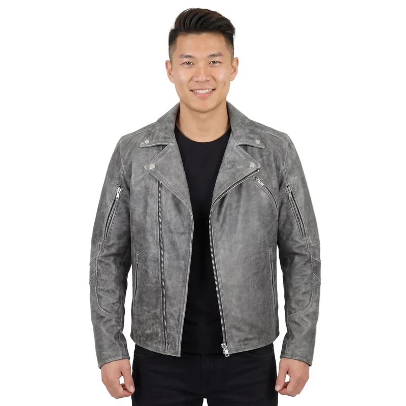 High Mileage Mens Beltless Dual CCW Distressed Gray Premium Cowhide Leather Biker Motorcycle Jacket