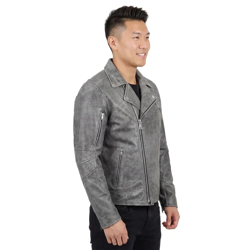 High Mileage Mens Beltless Dual CCW Distressed Gray Premium Cowhide Leather Biker Motorcycle Jacket
