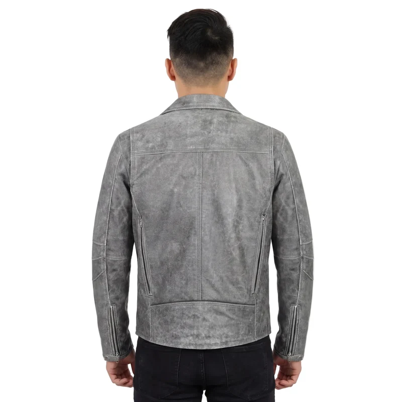 High Mileage Mens Beltless Dual CCW Distressed Gray Premium Cowhide Leather Biker Motorcycle Jacket