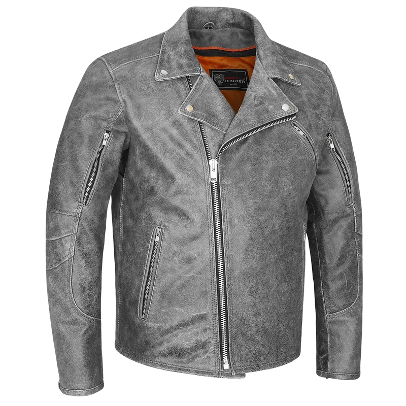 High Mileage Mens Beltless Dual CCW Distressed Gray Premium Cowhide Leather Biker Motorcycle Jacket