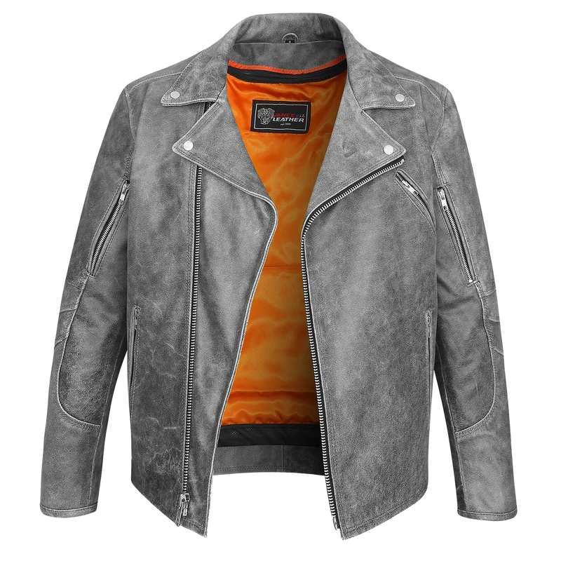High Mileage Mens Beltless Dual CCW Distressed Gray Premium Cowhide Leather Biker Motorcycle Jacket