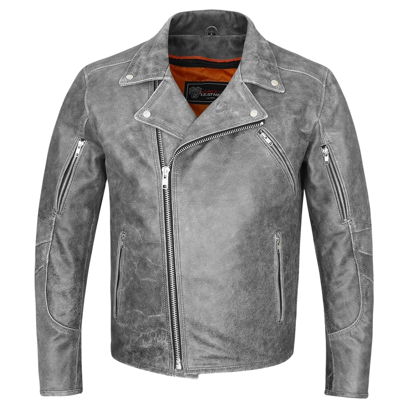 High Mileage Mens Beltless Dual CCW Distressed Gray Premium Cowhide Leather Biker Motorcycle Jacket