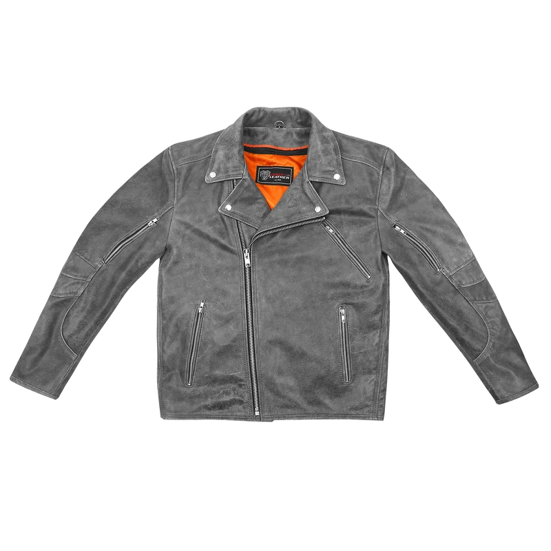 High Mileage Mens Beltless Dual CCW Distressed Gray Premium Cowhide Leather Biker Motorcycle Jacket