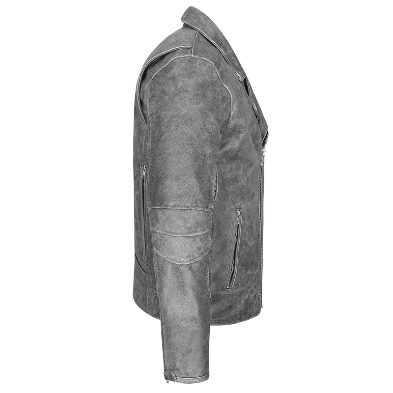 High Mileage Mens Beltless Dual CCW Distressed Gray Premium Cowhide Leather Biker Motorcycle Jacket