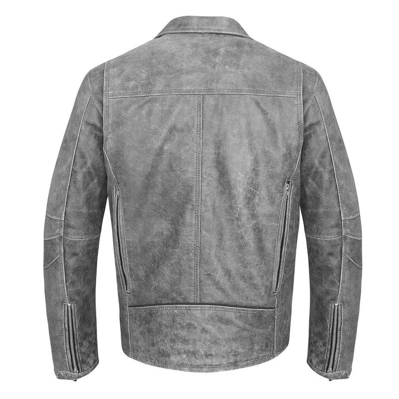 High Mileage Mens Beltless Dual CCW Distressed Gray Premium Cowhide Leather Biker Motorcycle Jacket