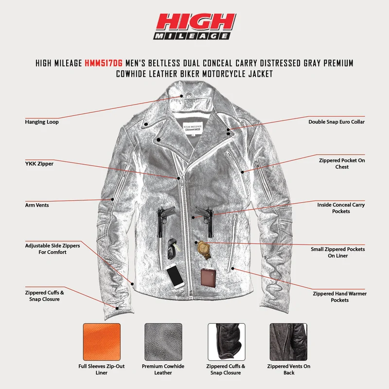 High Mileage Mens Beltless Dual CCW Distressed Gray Premium Cowhide Leather Biker Motorcycle Jacket