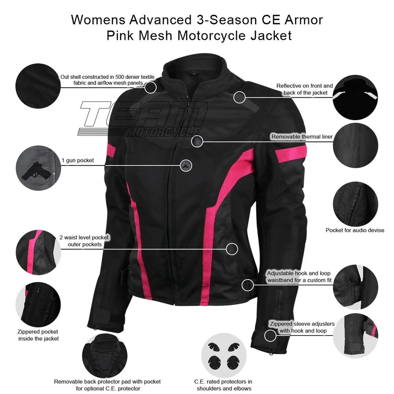 Women's Black Pink All Weather Season CE Armor Lady Biker Mesh Motorcycle Riding Jacket