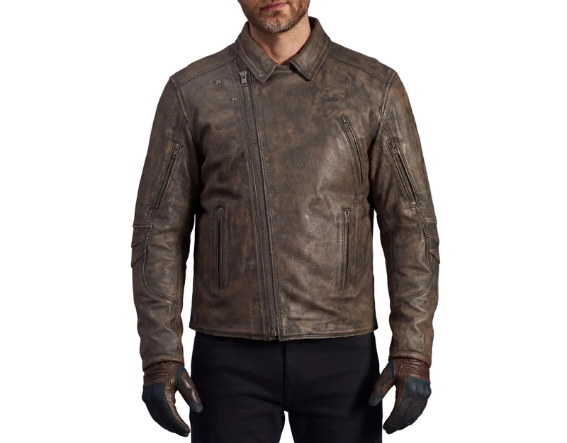 High Mileage Men's Distressed Brown Premium Cowhide Leather Motorcycle Jacket w Dual CCW Pockets & Removable Z-O Liner