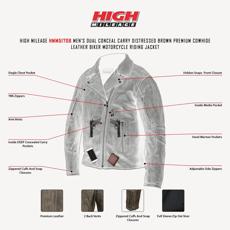 High Mileage Men's Distressed Brown Premium Cowhide Leather Motorcycle Jacket w Dual CCW Pockets & Removable Z-O Liner